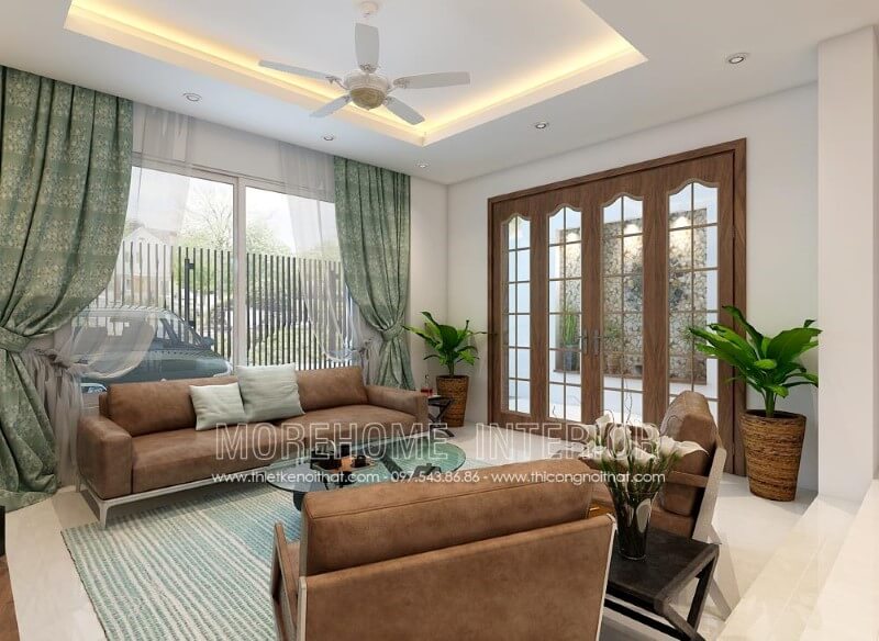 Mẫu sofa hiện đại phòng khách với tone màu nâu tạo nên cảm giác hài hòa, cho cả căn phòng